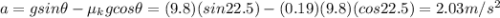 a=g sin \theta - \mu_k g cos \theta = (9.8)(sin 22.5)-(0.19)(9.8)(cos 22.5)=2.03 m/s^2