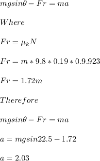mgsin\theta-Fr=ma\\\\Where\\\\Fr=\mu_k N\\\\Fr=m*9.8*0.19*0.9.923\\\\Fr=1.72m\\\\Therefore\\\\mgsin\theta-Fr=ma\\\\a=mgsin22.5-1.72\\\\a=2.03\\\\