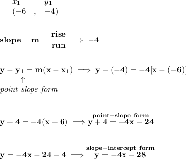 \bf \begin{array}{lllll}&#10;&x_1&y_1\\&#10;%   (a,b)&#10;&({{ -6}}\quad ,&{{ -4}})\quad &#10;\end{array}&#10;\\\\\\&#10;% slope  = m&#10;slope = {{ m}}= \cfrac{rise}{run} \implies -4&#10;\\\\\\&#10;% point-slope intercept&#10;y-{{ y_1}}={{ m}}(x-{{ x_1}})\implies y-(-4)=-4[x-(-6)]\\&#10;\left. \qquad   \right. \uparrow\\&#10;\textit{point-slope form}&#10;\\\\\\&#10;y+4=-4(x+6)\implies \stackrel{point-slope~form}{y+4=-4x-24}&#10;\\\\\\&#10;y=-4x-24-4\implies \stackrel{slope-intercept~form}{y=-4x-28}