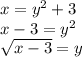 x=y^2+3\\x-3=y^2\\\sqrt{x-3}=y
