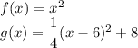f(x)=x^2\\&#10;g(x)=\dfrac{1}{4}(x-6)^2+8