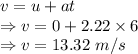 v=u+at\\\Rightarrow v=0+2.22\times 6\\\Rightarrow v=13.32\ m/s