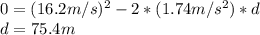 0=(16.2m/s)^2-2*(1.74m/s^2)*d\\d=75.4m