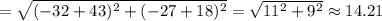 =\sqrt{(-32+43)^2+(-27+18)^2}=\sqrt{11^2+9^2}\approx 14.21