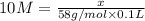 10 M=\frac{x}{58 g/mol\times 0.1 L}
