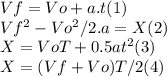 Vf=Vo+a.t (1)\\{Vf^{2}-Vo^2}/{2.a} =X(2)\\X= VoT+0.5at^{2} (3)\\X=(Vf+Vo)T/2 (4)
