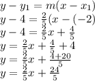 y-y_{1}=m(x-x_{1})\\y-4=\frac{2}{5}(x-(-2)\\y-4=\frac{2}{5}x+\frac{4}{5}\\  y=\frac{2}{5}x+\frac{4}{5}+4\\y=\frac{2}{5}x+\frac{4+20}{5}\\ y=\frac{2}{5}x+\frac{24}{5}