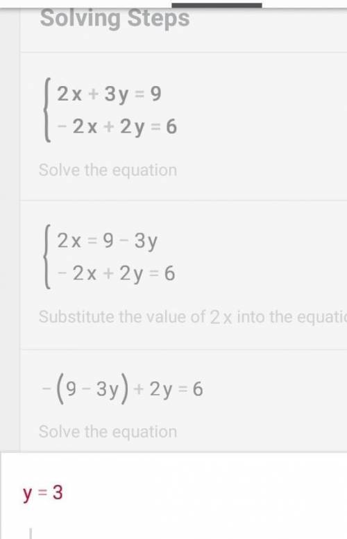 2x + 3y = 9 -2x + 2y = 6 the y-coordinate of the solution to the system shown is