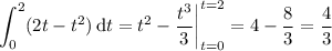 \displaystyle\int_0^2(2t-t^2)\,\mathrm dt=t^2-\dfrac{t^3}3\bigg|_{t=0}^{t=2}=4-\dfrac83=\dfrac43