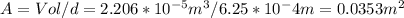 A= Vol/d=2.206*10^{-5} m^3/6.25*10^-4 m =0.0353 m^2