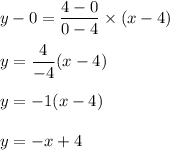 y-0=\dfrac{4-0}{0-4}\times (x-4)\\\\y=\dfrac{4}{-4}\tmes (x-4)\\\\y=-1(x-4)\\\\y=-x+4