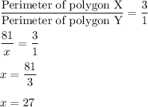 \dfrac{\text{Perimeter of polygon X}}{\text{Perimeter of polygon Y}}=\dfrac{3}{1}\\\\\dfrac{81}{x}=\dfrac{3}{1}\\\\x=\dfrac{81}{3}\\\\x=27