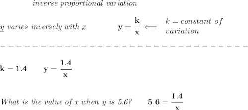 \bf \qquad \qquad \textit{inverse proportional variation}\\\\&#10;\textit{\underline{y} varies inversely with \underline{x}}\qquad \qquad  y=\cfrac{k}{x}\impliedby &#10;\begin{array}{llll}&#10;k=constant\ of\\&#10;variation&#10;\end{array}\\\\&#10;-------------------------------\\\\&#10;k=1.4\qquad y=\cfrac{1.4}{x}&#10;\\\\\\&#10;\textit{What is the value of x when y is 5.6?}\qquad 5.6=\cfrac{1.4}{x}