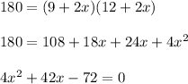 180=(9+2x)(12+2x)\\\\180=108+18x+24x+4x^{2} \\\\4x^{2}+42x-72=0