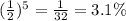 (\frac{1}{2})^{5} = \frac{1 }{ 32} = 3.1 \%