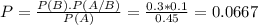 P = \frac{P(B).P(A/B)}{P(A)} = \frac{0.3*0.1}{0.45} = 0.0667