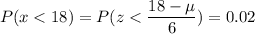 P( x < 18) = P( z < \displaystyle\frac{18 - \mu}{6}) = 0.02