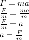 F=ma \\ \frac{F}{m}=\frac{ma}{m} \\ \frac{F}{m}=a \\ a=\frac{F}{m}