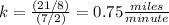 k=\frac{(21/8)}{(7/2)} =0.75\frac{miles}{minute}