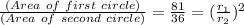 \frac {(Area\ of\ first\ circle) }{(Area\ of\ second\ circle)} = \frac{81}{36} = (\frac{r_{1} }{r_{2}}) ^{2}