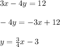3x-4y = 12\\\\-4y=-3x+12\\\\y=\frac{3}{4}x-3