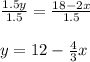 \frac{1.5y}{1.5}=\frac{18-2x}{1.5}\\\\y=12-\frac{4}{3}x