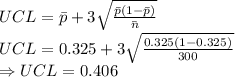UCL =\bar{p}+ 3\sqrt\frac{\bar p(1- \bar p)}{\bar n} \\UCL = 0.325 + 3\sqrt\frac{0.325(1- 0.325)}{300}\\\Rightarrow UCL = 0.406
