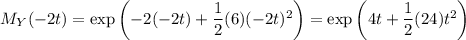 M_Y(-2t)=\exp\left(-2(-2t)+\dfrac12(6)(-2t)^2\right)=\exp\left(4t+\dfrac12(24)t^2\right)