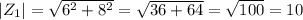 \left | Z_{1}\right |=\sqrt{6^2+8^2}=\sqrt{36+64}=\sqrt{100}=10