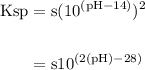\begin{aligned} \rm Ksp &= \rm s (10^{(pH - 14)})^{2} \\\\&= \rm s 10^{(2(pH) - 28)} \end{aligned}