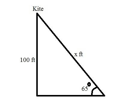 How much string is out if a kite is 100 feet above the ground and the string makes an angle of 65° w