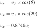 v_x = v_0\times cos(\theta)\\\\v_x = v_0 \times cos(29)\\\\v_x = 0.8746v_0