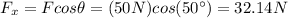 F_x=Fcos\theta=(50N)cos(50^{\circ})=32.14N