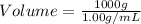 Volume=\frac{1000g}{1.00g/mL}