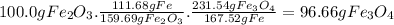 100.0gFe_{2}O_{3}.\frac{111.68gFe}{159.69gFe_{2}O_{3}} .\frac{231.54gFe_{3}O_{4}}{167.52gFe} =96.66gFe_{3}O_{4}