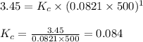 3.45=K_c\times (0.0821\times 500)^{1}\\\\K_c=\frac{3.45}{0.0821\times 500}=0.084