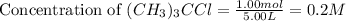 \text{Concentration of }(CH_3)_3CCl=\frac{1.00mol}{5.00L}=0.2M