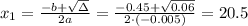 x_1 = \frac{-b+ \sqrt{\Delta}}{2a} = \frac{-0.45+ \sqrt{0.06}}{2 \cdot (-0.005)}=20.5