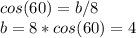 cos(60)=b/8\\b=8*cos(60)=4