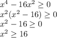 x^{4} -16 x^{2}  \geq 0 \\  x^{2} ( x^{2} -16) \geq 0 \\  x^{2} -16 \geq 0 \\  x^{2}  \geq 16