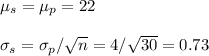 \mu_s=\mu_p=22\\\\\sigma_s=\sigma_p/\sqrt{n}=4/\sqrt{30}=0.73