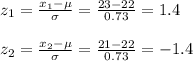 z_1=\frac{x_1-\mu}{\sigma} =\frac{23-22}{0.73}=1.4\\\\z_2=\frac{x_2-\mu}{\sigma} =\frac{21-22}{0.73}=-1.4