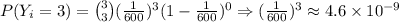 P(Y_i=3) = {3 \choose 3}(\frac{1}{600})^{3}(1 - \frac{1}{600} )^{0} \Rightarrow (\frac{1}{600})^{3} \approx 4.6\times10^{-9}