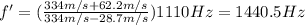 f'=(\frac{334 m/s+62.2 m/s}{334 m/s-28.7 m/s})1110 Hz=1440.5 Hz