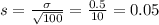 s = \frac{\sigma}{\sqrt{100}} = \frac{0.5}{10} = 0.05
