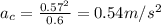 a_c = \frac{0.57^2}{0.6} = 0.54 m/s^2