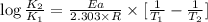 \log \frac{K_2}{K_1}=\frac{Ea}{2.303\times R}\times [\frac{1}{T_1}-\frac{1}{T_2}]