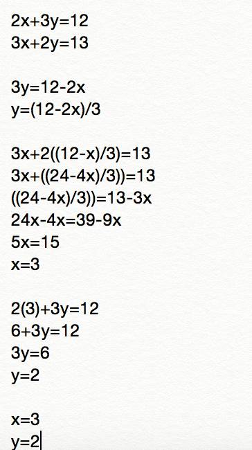2x+3y=12 y 3x+2y=13 método de sustitución