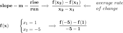\bf slope = {{ m}}= \cfrac{rise}{run} \implies &#10;\cfrac{{{ f(x_2)}}-{{ f(x_1)}}}{{{ x_2}}-{{ x_1}}}\impliedby &#10;\begin{array}{llll}&#10;average\ rate\\&#10;of\ change&#10;\end{array}&#10;\\\\\\&#10;f(x)\qquad &#10;\begin{cases}&#10;x_1=1\\&#10;x_2=-5&#10;\end{cases}\implies \cfrac{f(-5)-f(1)}{-5-1}