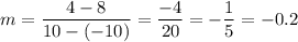 m=\dfrac{4-8}{10-(-10)}=\dfrac{-4}{20}=-\dfrac{1}{5}=-0.2